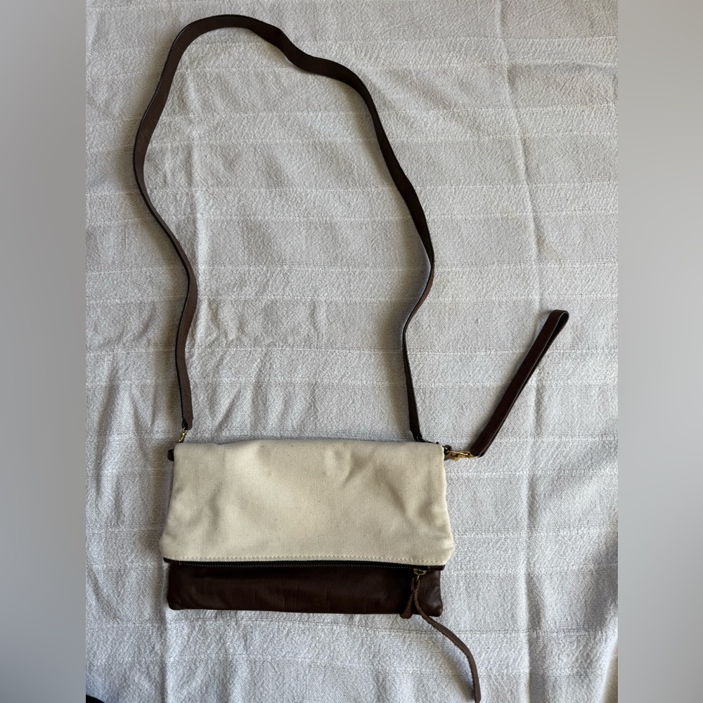 Canvas & Leather Fold-Over Crossbody Bag - Cream and Brown